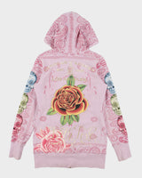 Vintage Y2K 00s Christian Audigier Women's Baby Pink With Love Rhinestone Embellished Long Fit Zip-Up Hoodie - M