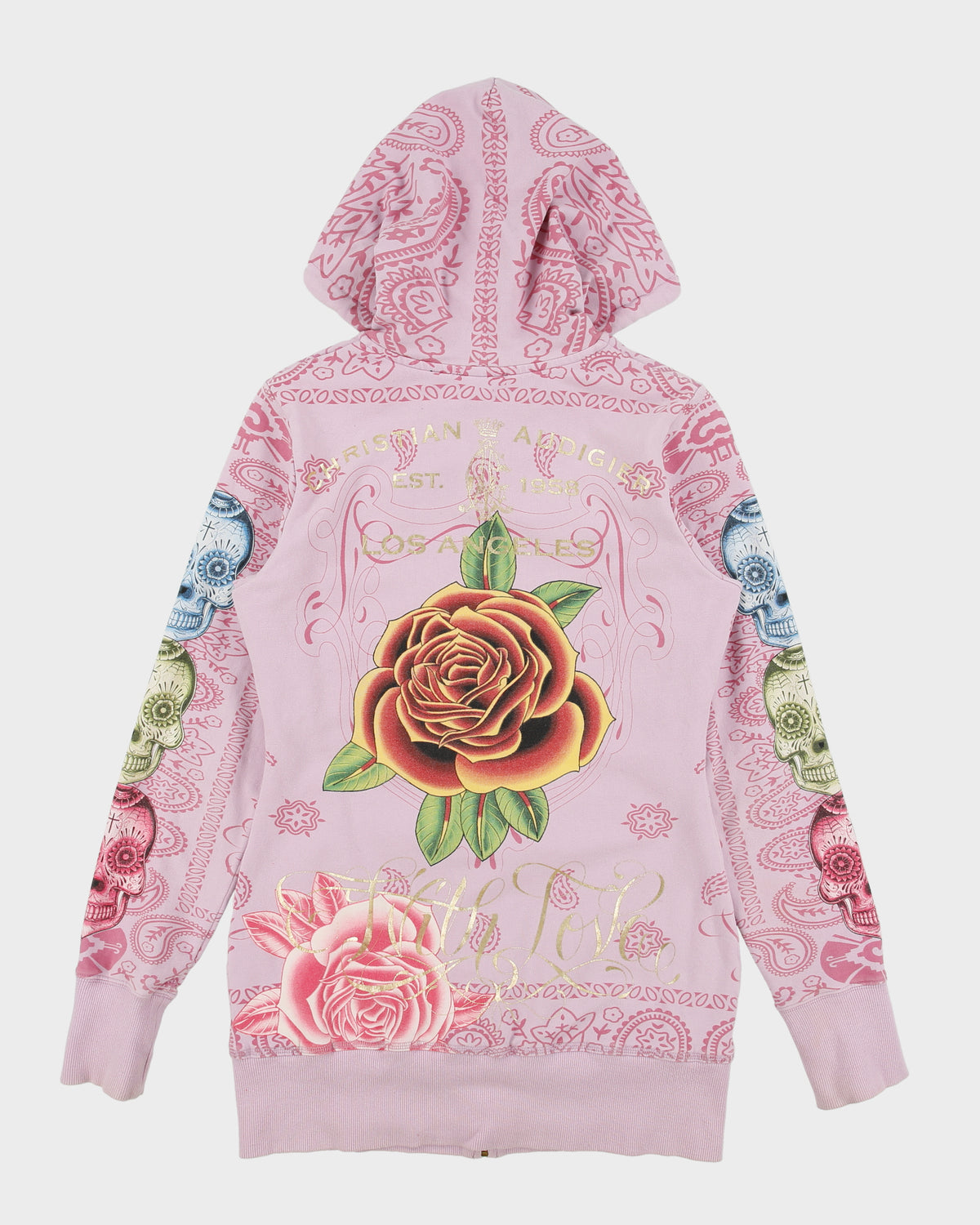 Vintage Y2K 00s Christian Audigier Women's Baby Pink With Love Rhinestone Embellished Long Fit Zip-Up Hoodie - M