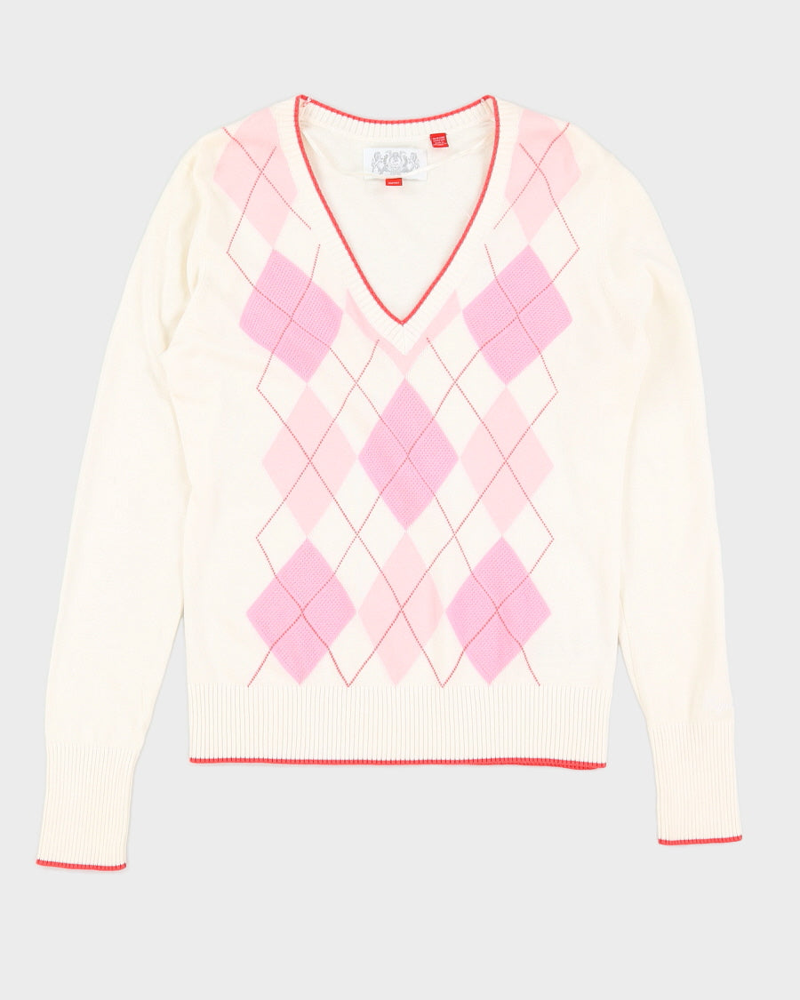 Y2K 00s Espirit Pink &amp; White Argyle Sweatshirt - S/M