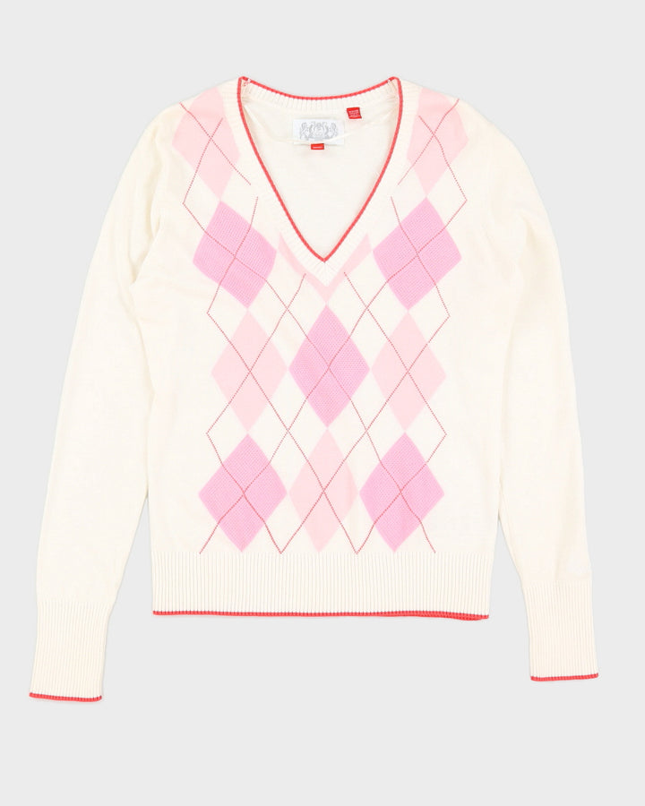 Y2K 00s Espirit Pink & White Argyle Sweatshirt - S/M