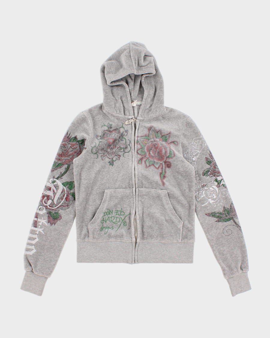 Womens Grey Ed Hardy Zip Up Hoodie - XS