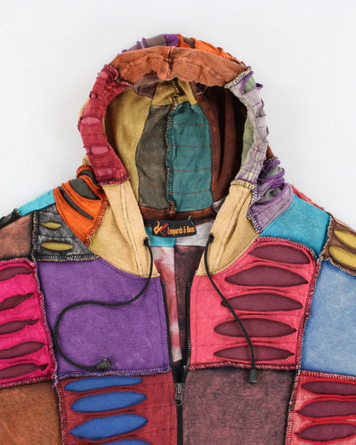 Y2k 00s Leopards And Roses Tie-Dye Patchwork Slashed Hoodie - L