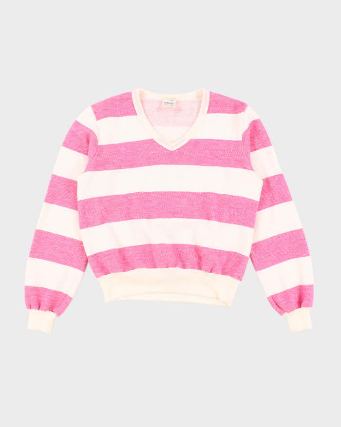 Vintage Early 90s Adidas Pink and White Striped Sweatshirt - S