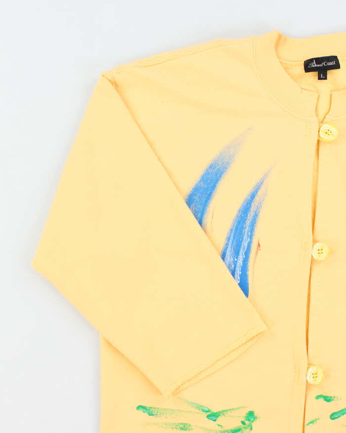 Vintage 1990s Sunset Coast Abstract Paint Yellow Cardigan Sweatshirt - L