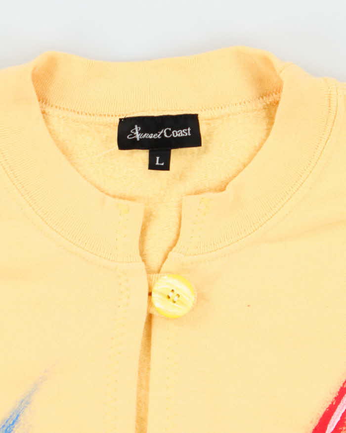 Vintage 1990s Sunset Coast Abstract Paint Yellow Cardigan Sweatshirt - L