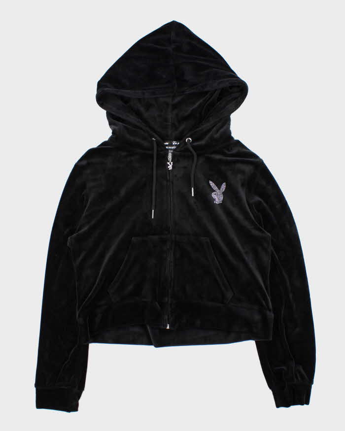 Vintage Y2K Women's Playboy Rhinestone Velour Boxy Zip-Up Hoodie - XL