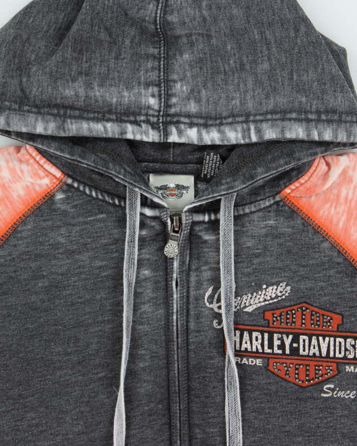 Vintage Y2K Women's Harley Davidson Distressed Rhinestone Full-Zip Hoodie - M