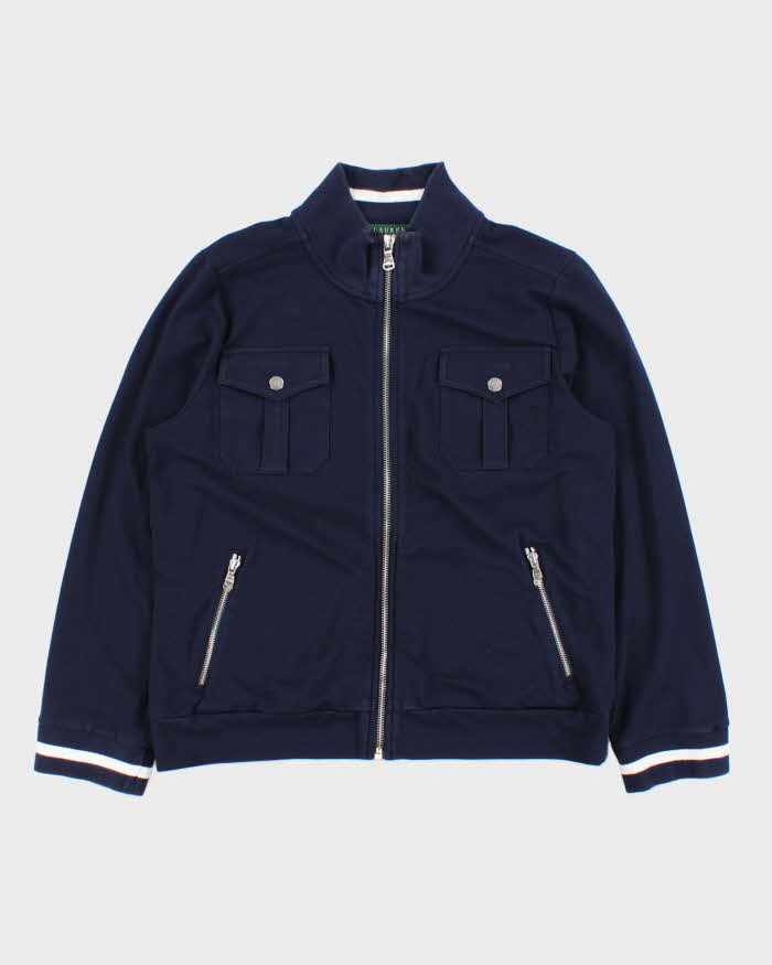 Vintage Y2K 00s Lauren Ralph Lauren Women's Navy Zip-Up Sweatshirt - XL