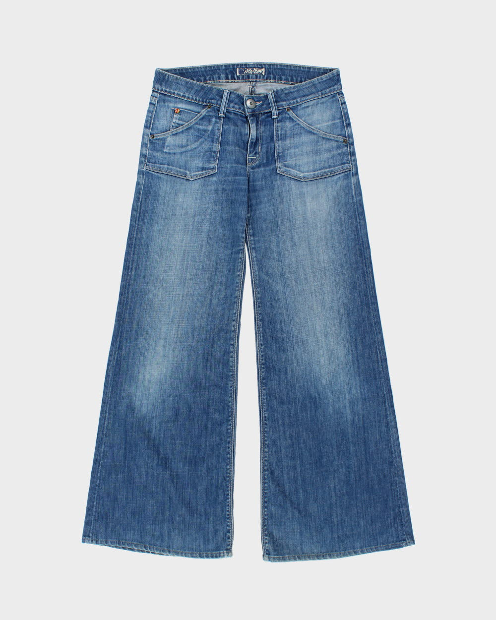 Vintage Y2K 00s Hudson Women's Low-Rise Distressed Denim Patch Pocket Bell Bottom Flared Jeans - W30 L31
