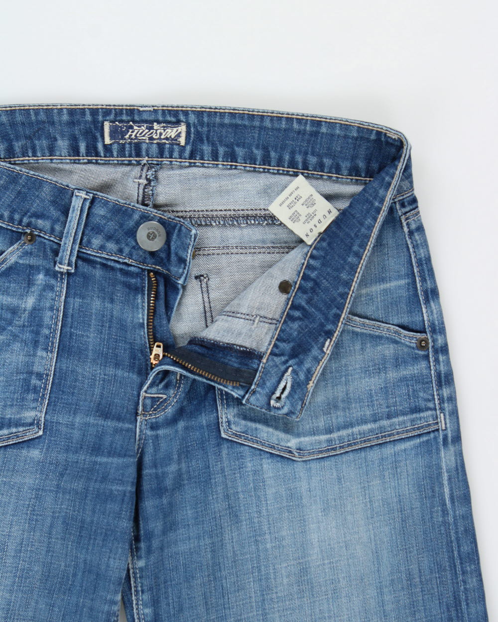 Vintage Y2K 00s Hudson Women's Low-Rise Distressed Denim Patch Pocket Bell Bottom Flared Jeans - W30 L31