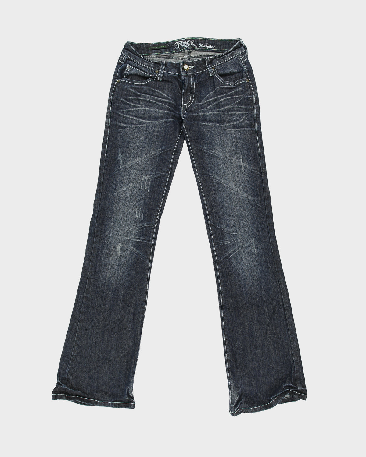 Vintage Y2K 00s Wrangler Rock 47 Women's Ultra Low Rise Contrast Stitch Embellished Raw Denim Bootcut Jeans - W26 L35