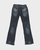 Vintage Y2K 00s Wrangler Rock 47 Women's Ultra Low Rise Contrast Stitch Embellished Raw Denim Bootcut Jeans - W26 L35