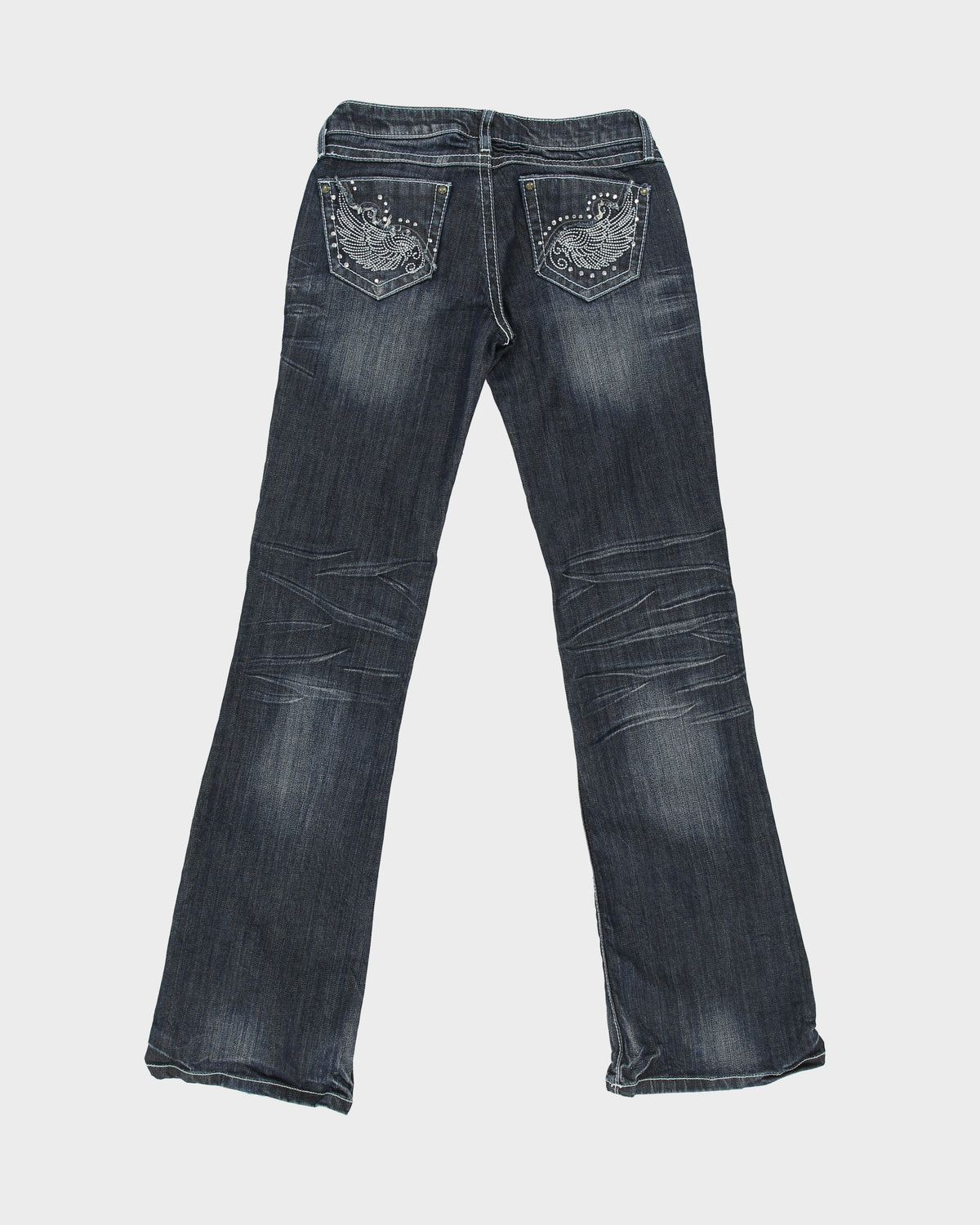 Vintage Y2K 00s Wrangler Rock 47 Women's Ultra Low Rise Contrast Stitch Embellished Raw Denim Bootcut Jeans - W26 L35