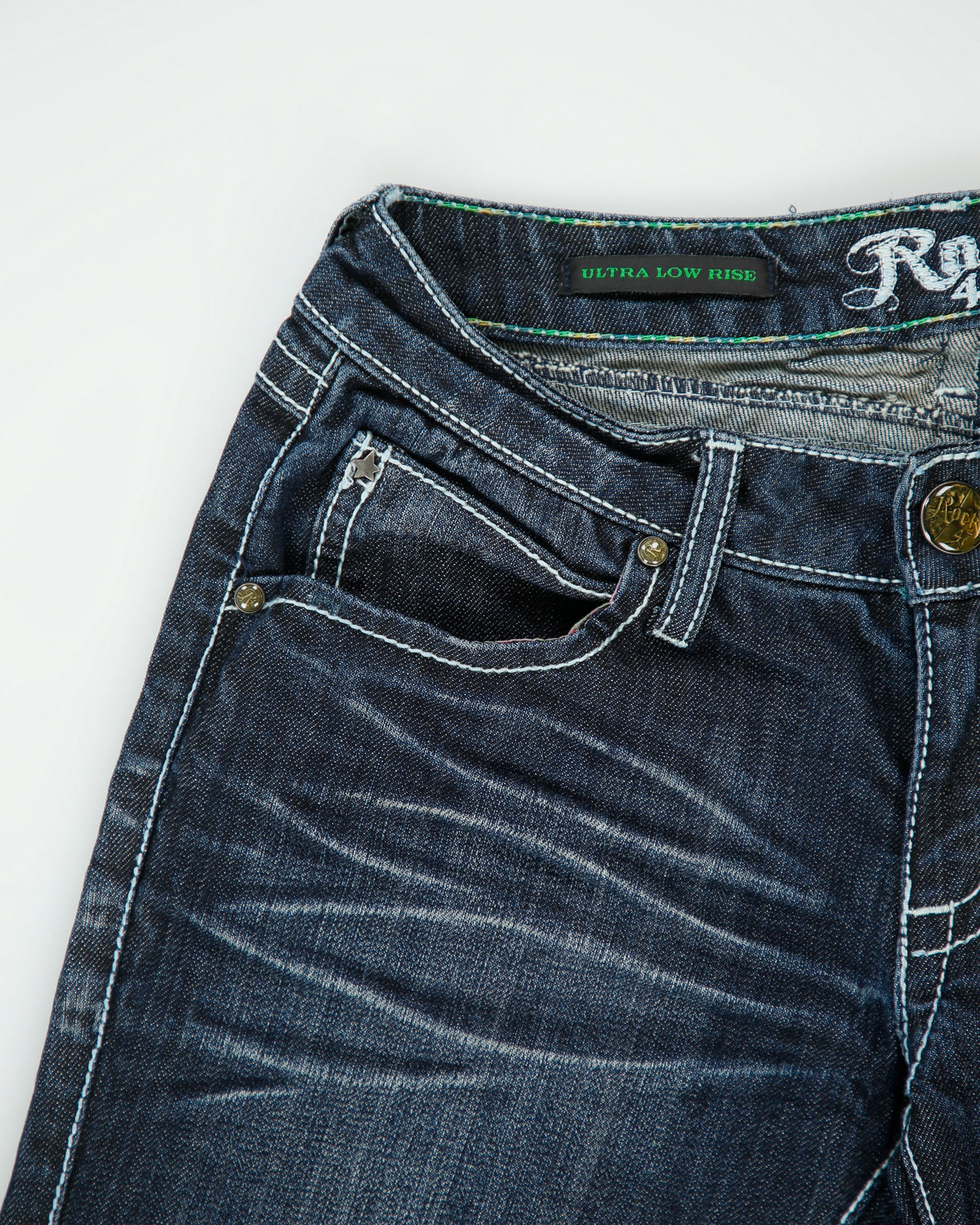 Vintage Y2K 00s Wrangler Rock 47 Women's Ultra Low Rise Contrast Stitch Embellished Raw Denim Bootcut Jeans - W26 L35