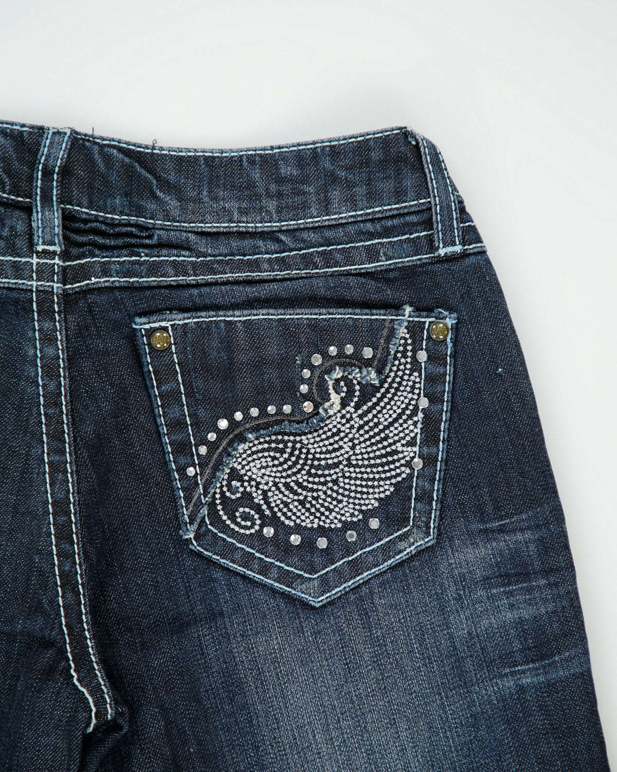 Vintage Y2K 00s Wrangler Rock 47 Women's Ultra Low Rise Contrast Stitch Embellished Raw Denim Bootcut Jeans - W26 L35