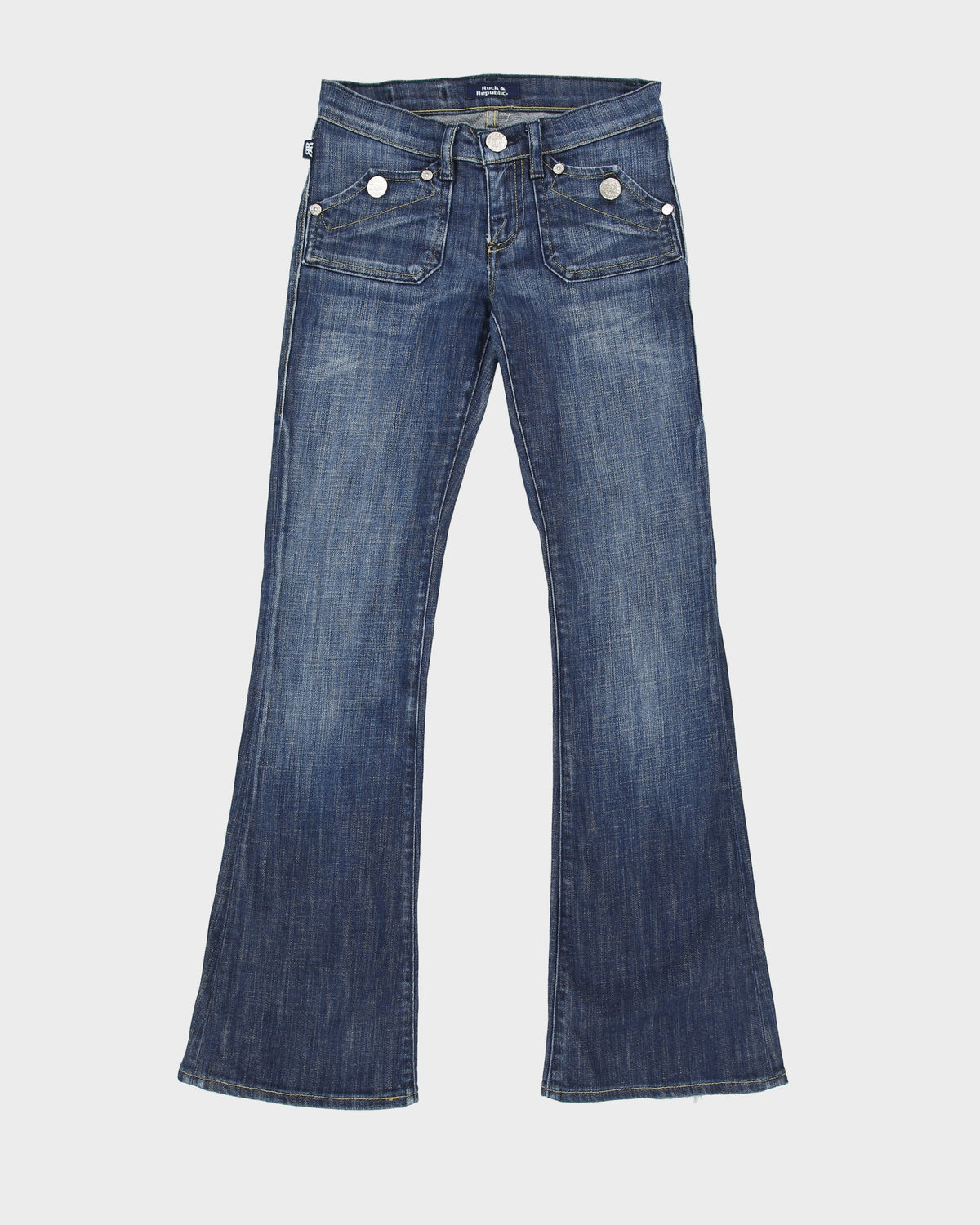 Vintage Y2K 00s Rock &amp; Republic Women's Low Rise Stone Wash Denim Made In USA Patch Flap Pocket Bootcut Jeans - W25 L31