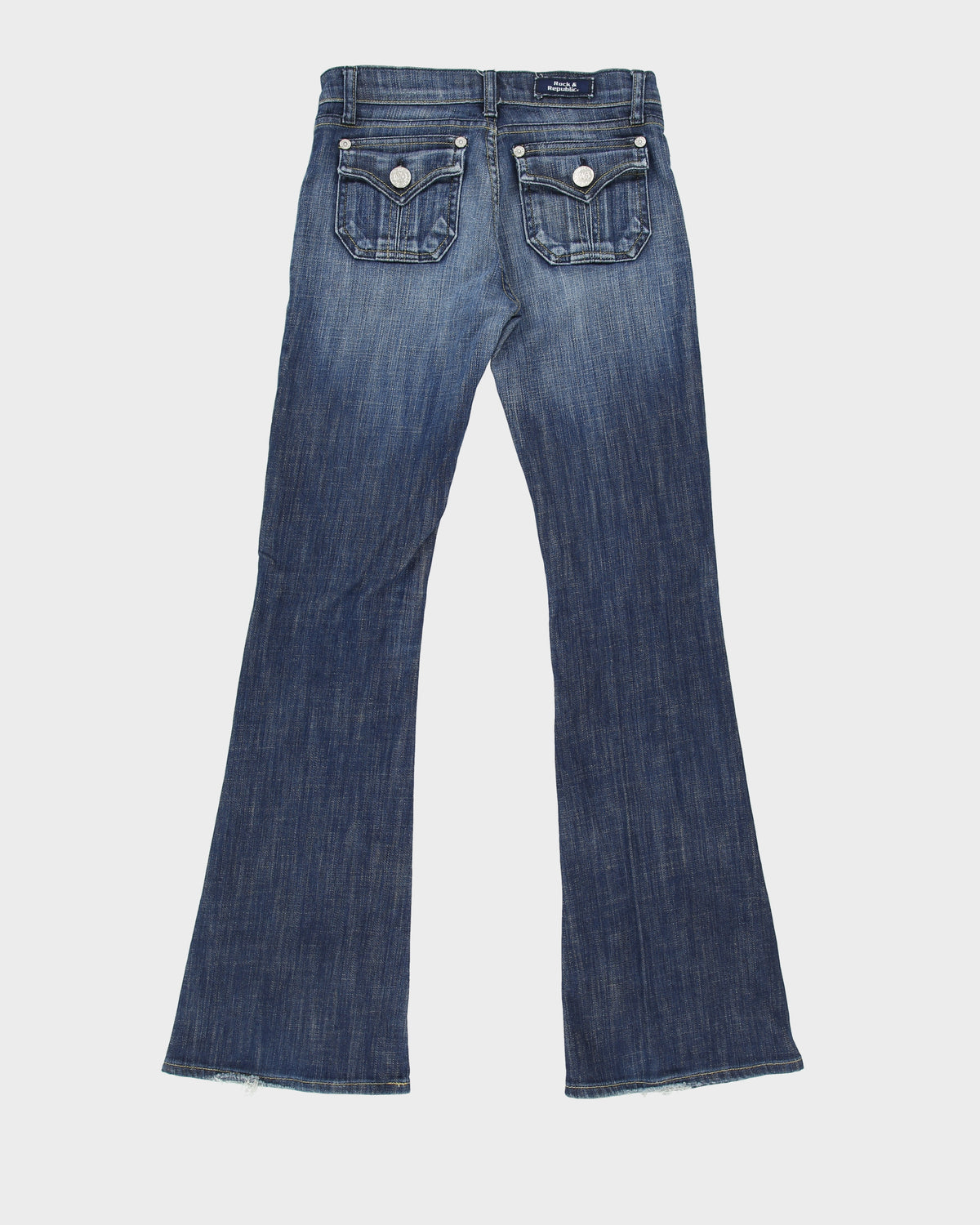 Vintage Y2K 00s Rock &amp; Republic Women's Low Rise Stone Wash Denim Made In USA Patch Flap Pocket Bootcut Jeans - W25 L31