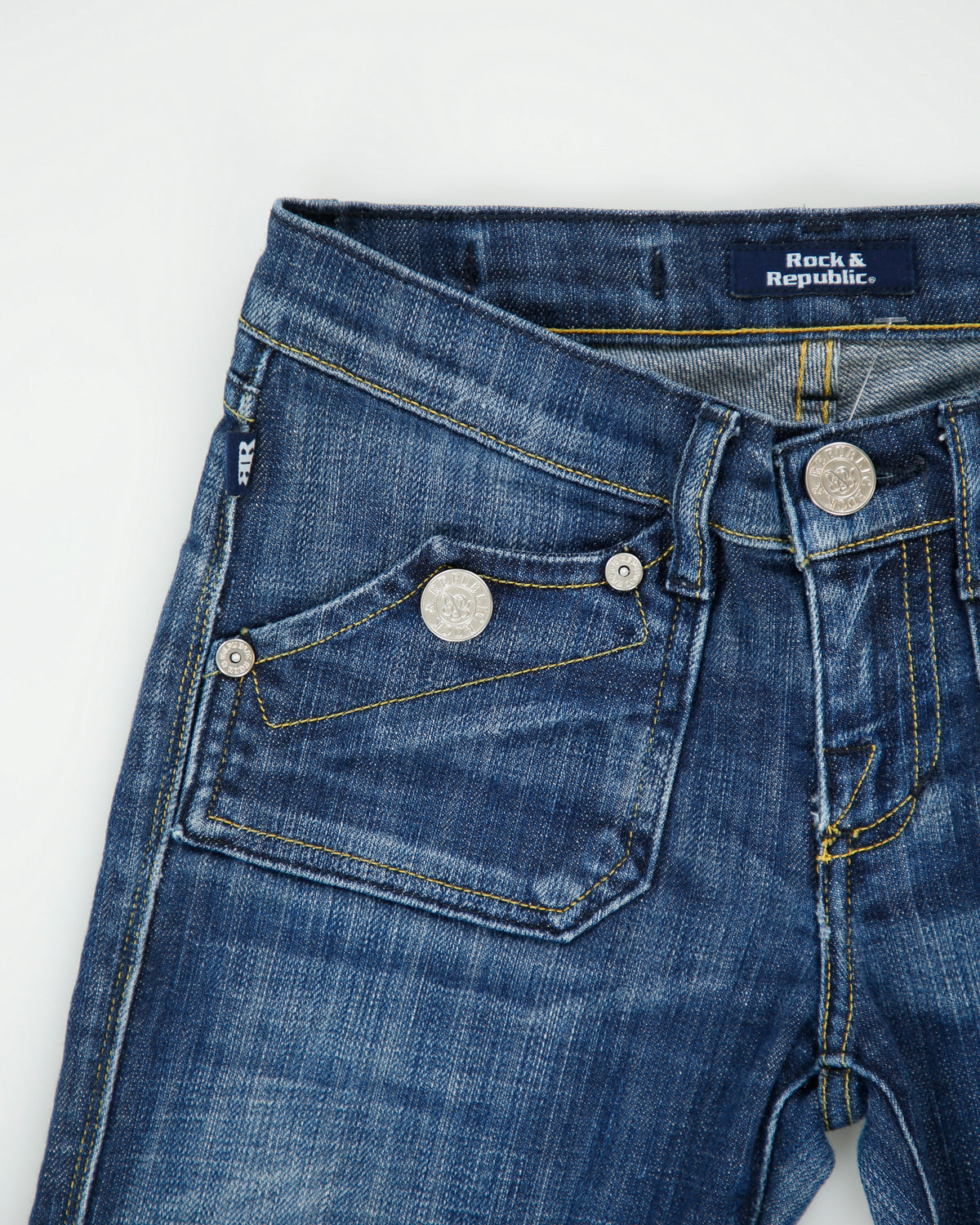 Vintage Y2K 00s Rock &amp; Republic Women's Low Rise Stone Wash Denim Made In USA Patch Flap Pocket Bootcut Jeans - W25 L31