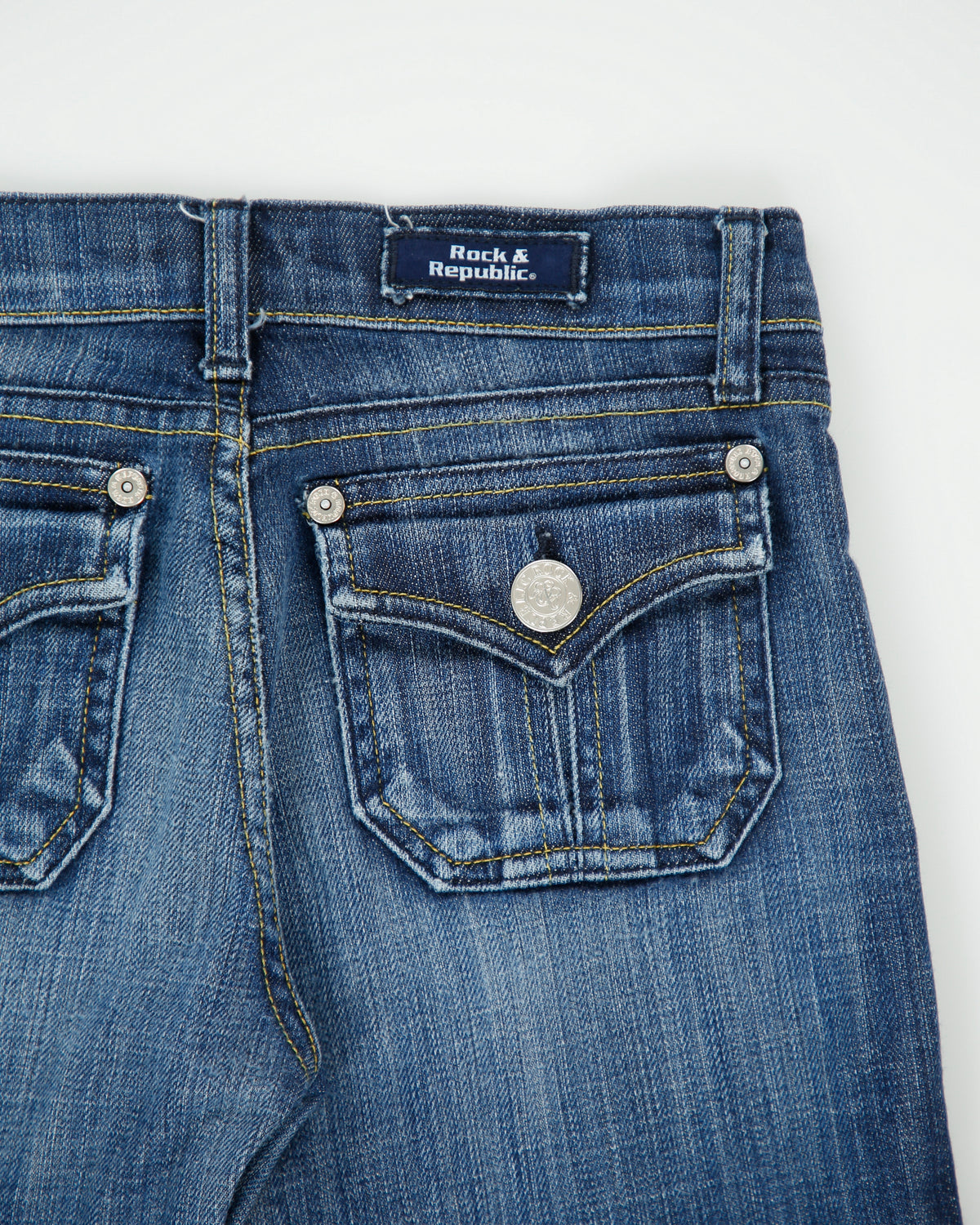 Vintage Y2K 00s Rock &amp; Republic Women's Low Rise Stone Wash Denim Made In USA Patch Flap Pocket Bootcut Jeans - W25 L31