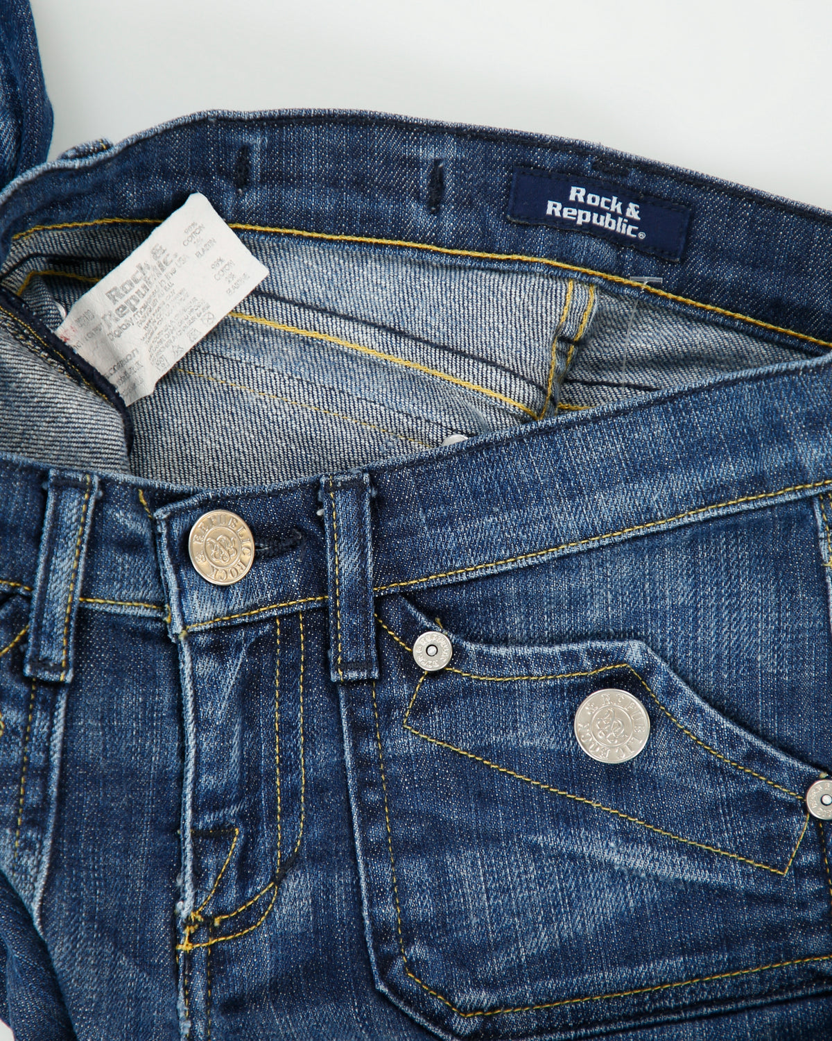 Vintage Y2K 00s Rock &amp; Republic Women's Low Rise Stone Wash Denim Made In USA Patch Flap Pocket Bootcut Jeans - W25 L31
