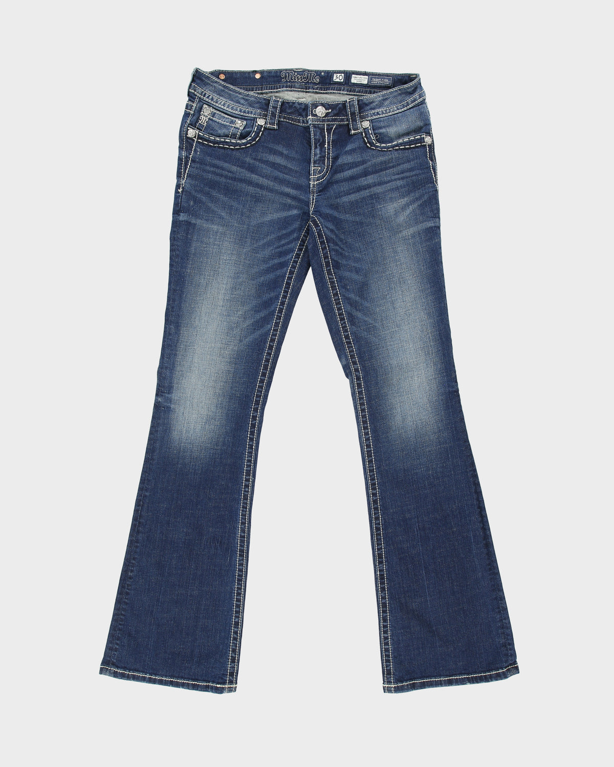 Vintage Y2K 00s Miss Me Women's Low Rise Contrast Stitch Rhinestone Embellished Flap Pocket Signature Bootcut Jeans - W30 L34