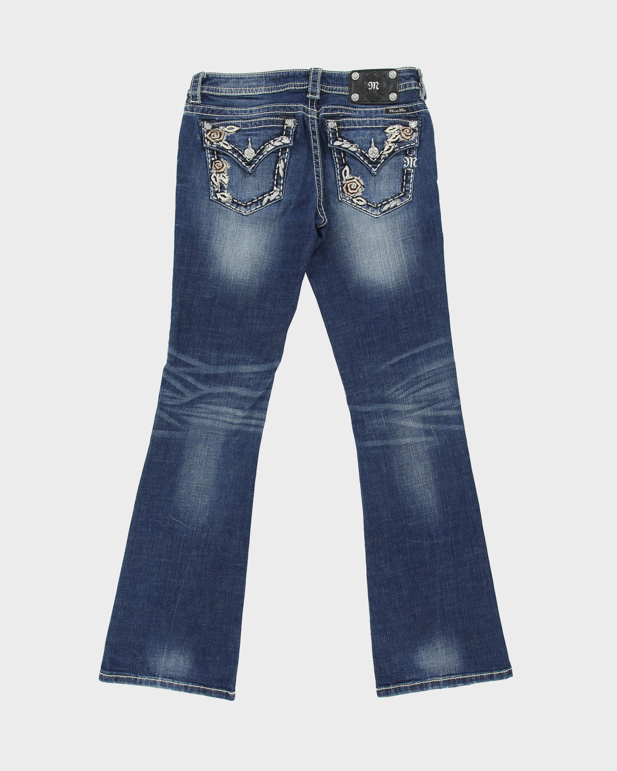 Vintage Y2K 00s Miss Me Women's Low Rise Contrast Stitch Rhinestone Embellished Flap Pocket Signature Bootcut Jeans - W30 L34