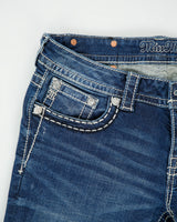 Vintage Y2K 00s Miss Me Women's Low Rise Contrast Stitch Rhinestone Embellished Flap Pocket Signature Bootcut Jeans - W30 L34