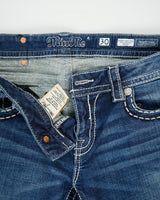 Vintage Y2K 00s Miss Me Women's Low Rise Contrast Stitch Rhinestone Embellished Flap Pocket Signature Bootcut Jeans - W30 L34