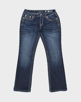 Vintage Y2K 00s Miss Me Women's Low Rise Rhinestone Embroidered Flap Pocket Signature Bootcut Denim Jeans - W32 L32