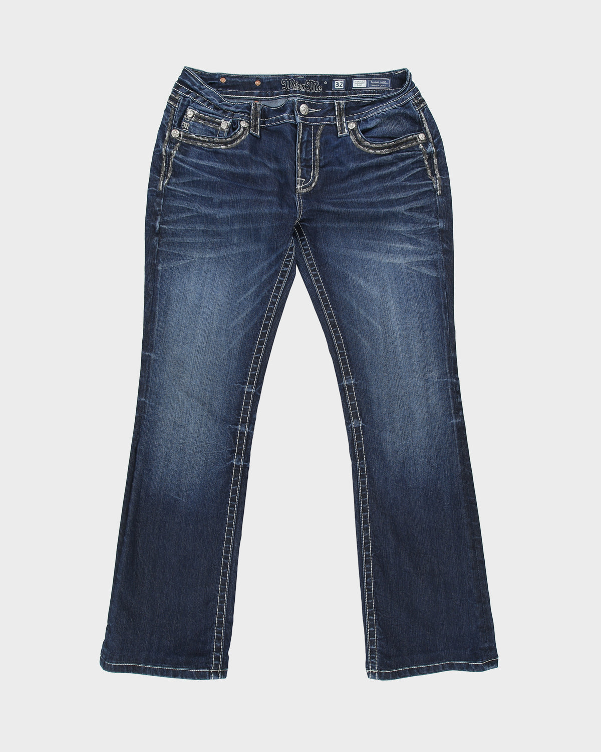 Vintage Y2K 00s Miss Me Women's Low Rise Rhinestone Embroidered Flap Pocket Signature Bootcut Denim Jeans - W32 L32