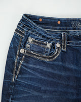Vintage Y2K 00s Miss Me Women's Low Rise Rhinestone Embroidered Flap Pocket Signature Bootcut Denim Jeans - W32 L32