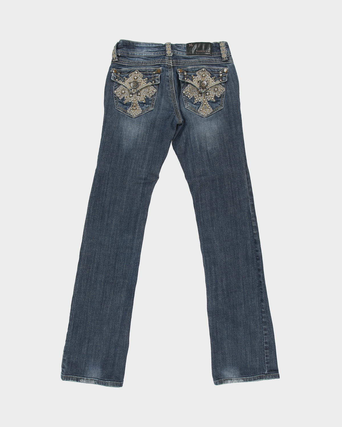 Vintage Y2K Grace In LA Women's Low Rise Rhinestone Embellished Denim Flap Pocket Bootcut Jeans - W27 L32