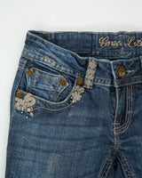 Vintage Y2K Grace In LA Women's Low Rise Rhinestone Embellished Denim Flap Pocket Bootcut Jeans - W27 L32