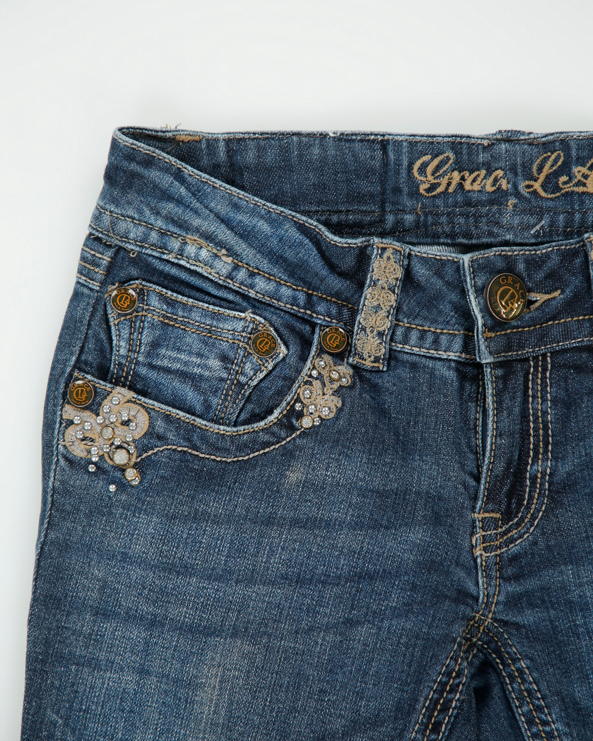 Vintage Y2K Grace In LA Women's Low Rise Rhinestone Embellished Denim Flap Pocket Bootcut Jeans - W27 L32