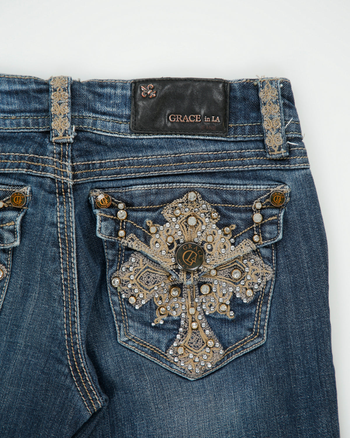 Vintage Y2K Grace In LA Women's Low Rise Rhinestone Embellished Denim Flap Pocket Bootcut Jeans - W27 L32