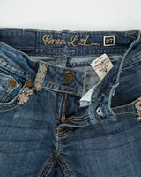 Vintage Y2K Grace In LA Women's Low Rise Rhinestone Embellished Denim Flap Pocket Bootcut Jeans - W27 L32
