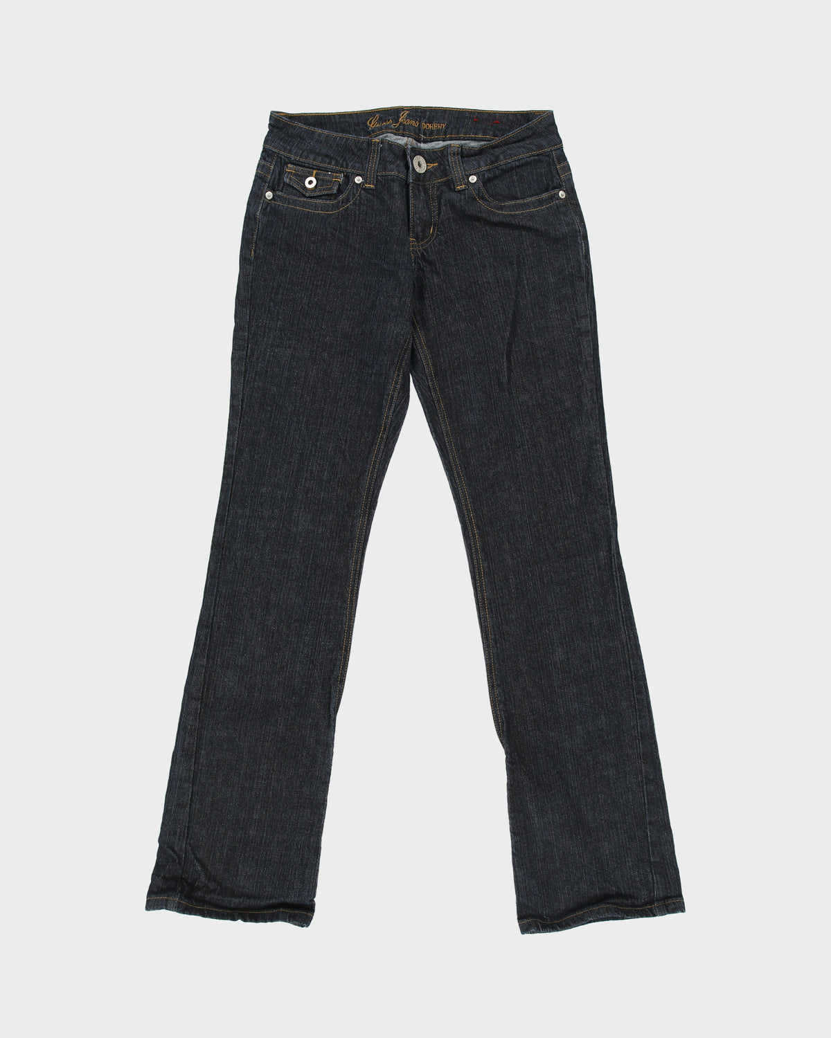 Vintage Y2K 00s Guess Doheny Women's Low Rise Raw Indigo Denim Flap Pocket Bootcut Jeans - W29 L34