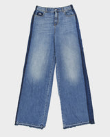 A/W 2023 Alexander McQueen Women's High Rise Two-Tone Denim Frayed Wide Leg Jeans - W28 L34