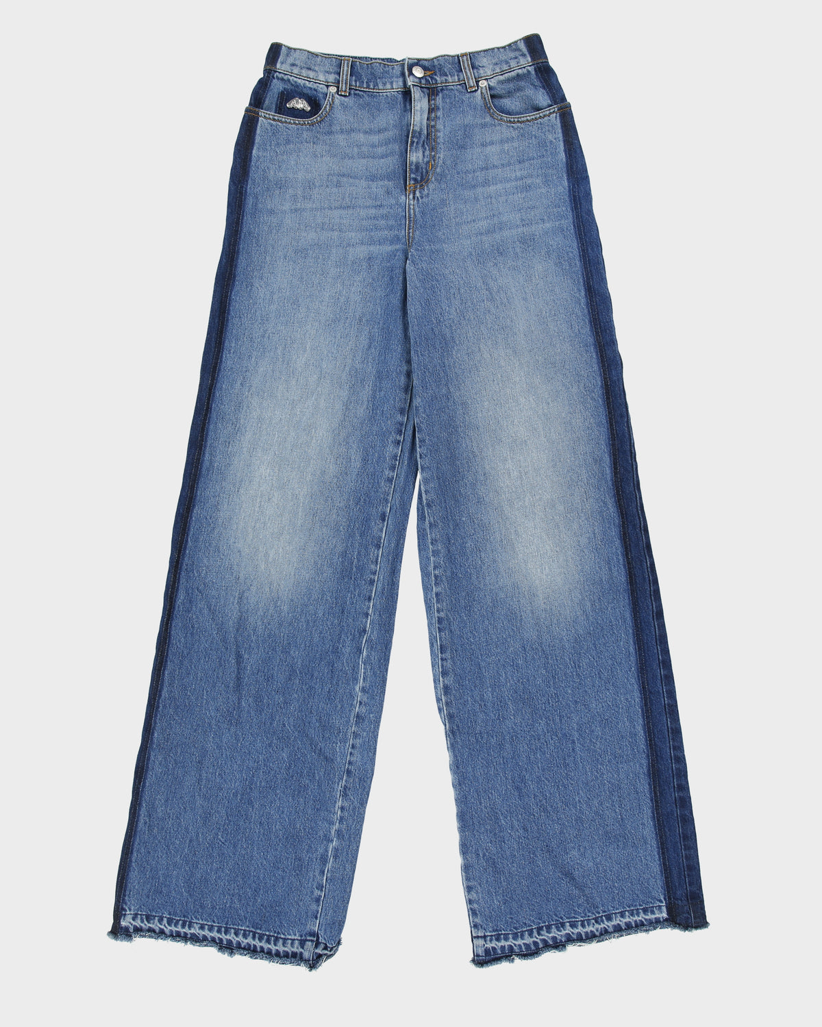 A/W 2023 Alexander McQueen Women's High Rise Two-Tone Denim Frayed Wide Leg Jeans - W28 L34