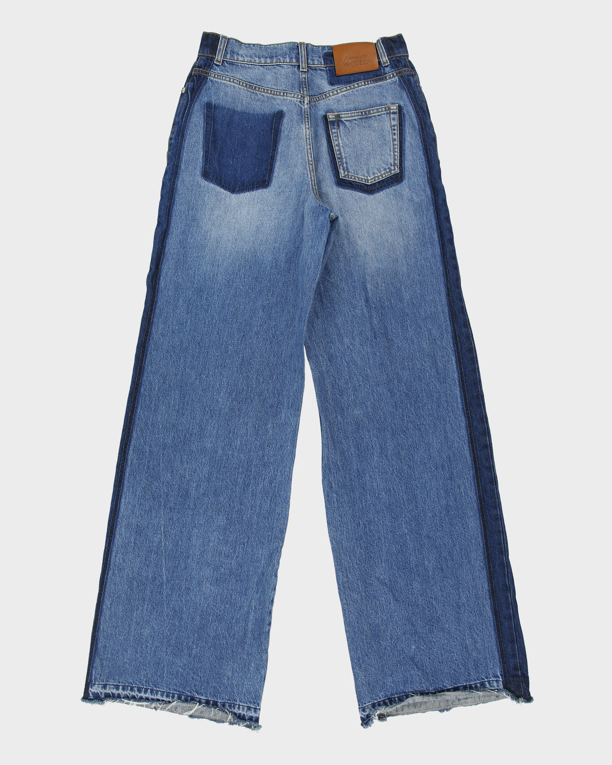 A/W 2023 Alexander McQueen Women's High Rise Two-Tone Denim Frayed Wide Leg Jeans - W28 L34
