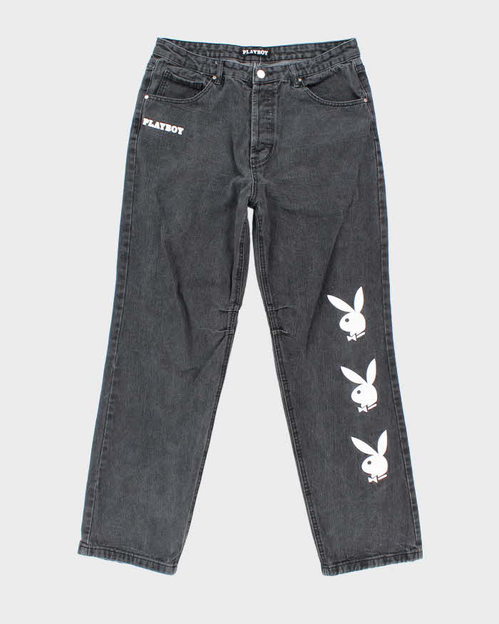 Vintage Y2K Playboy Graphic Printed Bootcut Grey Wash Jeans - W32 L30