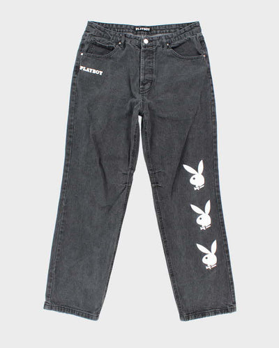 Vintage Y2K Playboy Graphic Printed Bootcut Grey Wash Jeans - W32 L30