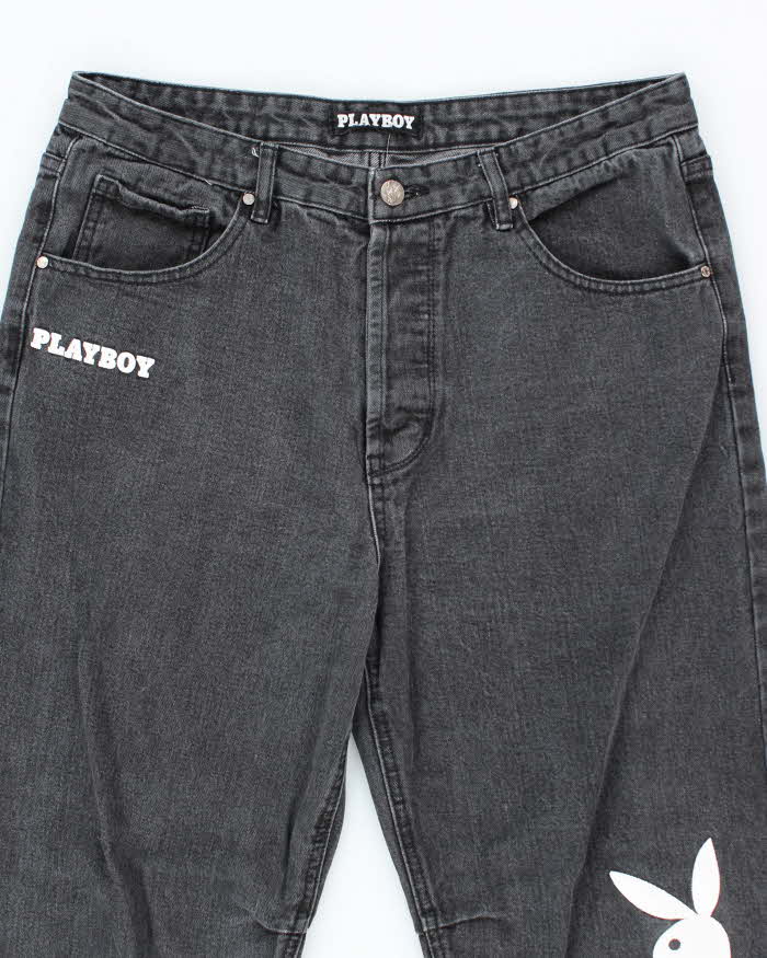 Vintage Y2K Playboy Graphic Printed Bootcut Grey Wash Jeans - W32 L30