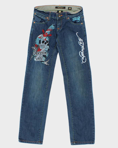 Vintage Y2K 00s Women's Ed Hardy Tattoo Embroidered Diamante Denim Slim Fit Jeans - W26 L30
