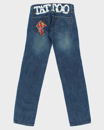 Vintage Y2K 00s Women's Ed Hardy Tattoo Embroidered Diamante Denim Slim Fit Jeans - W26 L30