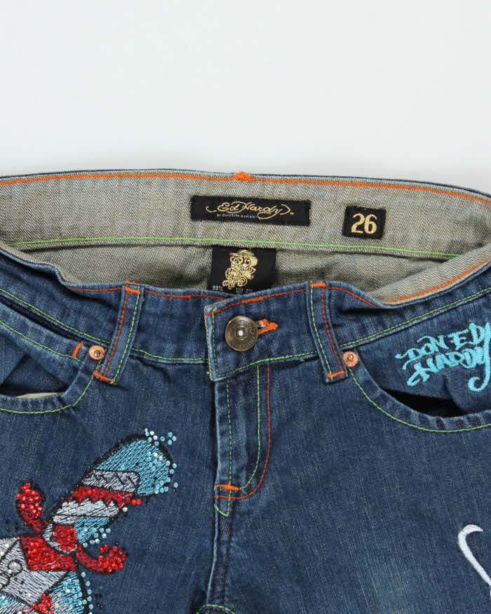 Vintage Y2K 00s Women's Ed Hardy Tattoo Embroidered Diamante Denim Slim Fit Jeans - W26 L30