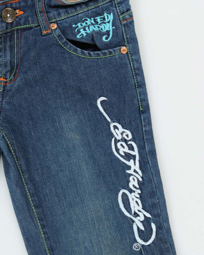 Vintage Y2K 00s Women's Ed Hardy Tattoo Embroidered Diamante Denim Slim Fit Jeans - W26 L30