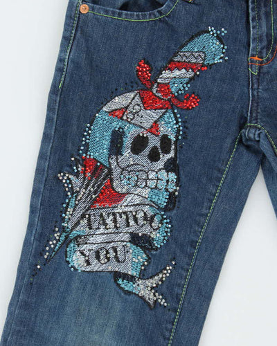 Vintage Y2K 00s Women's Ed Hardy Tattoo Embroidered Diamante Denim Slim Fit Jeans - W26 L30