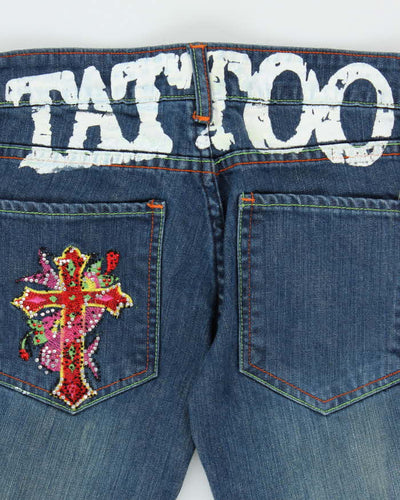 Vintage Y2K 00s Women's Ed Hardy Tattoo Embroidered Diamante Denim Slim Fit Jeans - W26 L30
