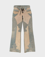 Vintage 1990s Y2K Women's Amal Guessous A&amp;G Rock ‘n Roll Couture ‘Fleury Cross’ Laced Patchwork Bootcut Flared Jeans - W28 L34